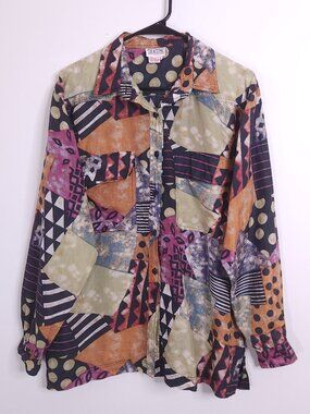 Vintage 90's Silktime 100% Silk Mixed Abstract Print Multicolor Button Up Shirt
